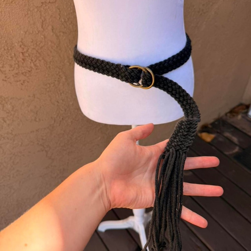 Black braided fringe belt with gold buckle